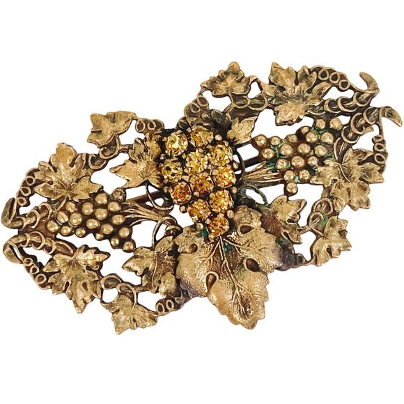 Vintage 1930s Gold Tone Grapevine Brooch Yellow Rhinestones Romantic Ornate Pin - Picture 1 of 12